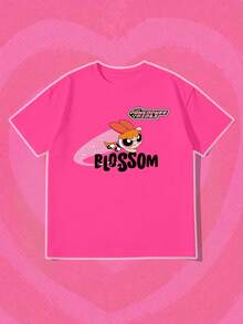 SHEIN X Powerpuff Girls Printed Loose Fit Crew Neck Top - Comfortable Casual Cute Style, Suitable For Daily Wear Summer - Hot Pink - View 1