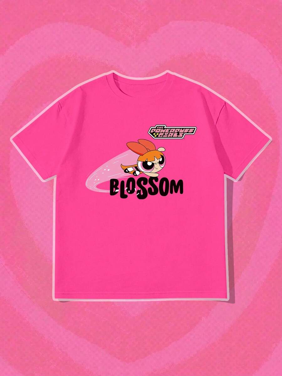 SHEIN X Powerpuff Girls Printed Loose Fit Crew Neck Top - Comfortable Casual Cute Style, Suitable For Daily Wear Summer - Hot Pink - View 1