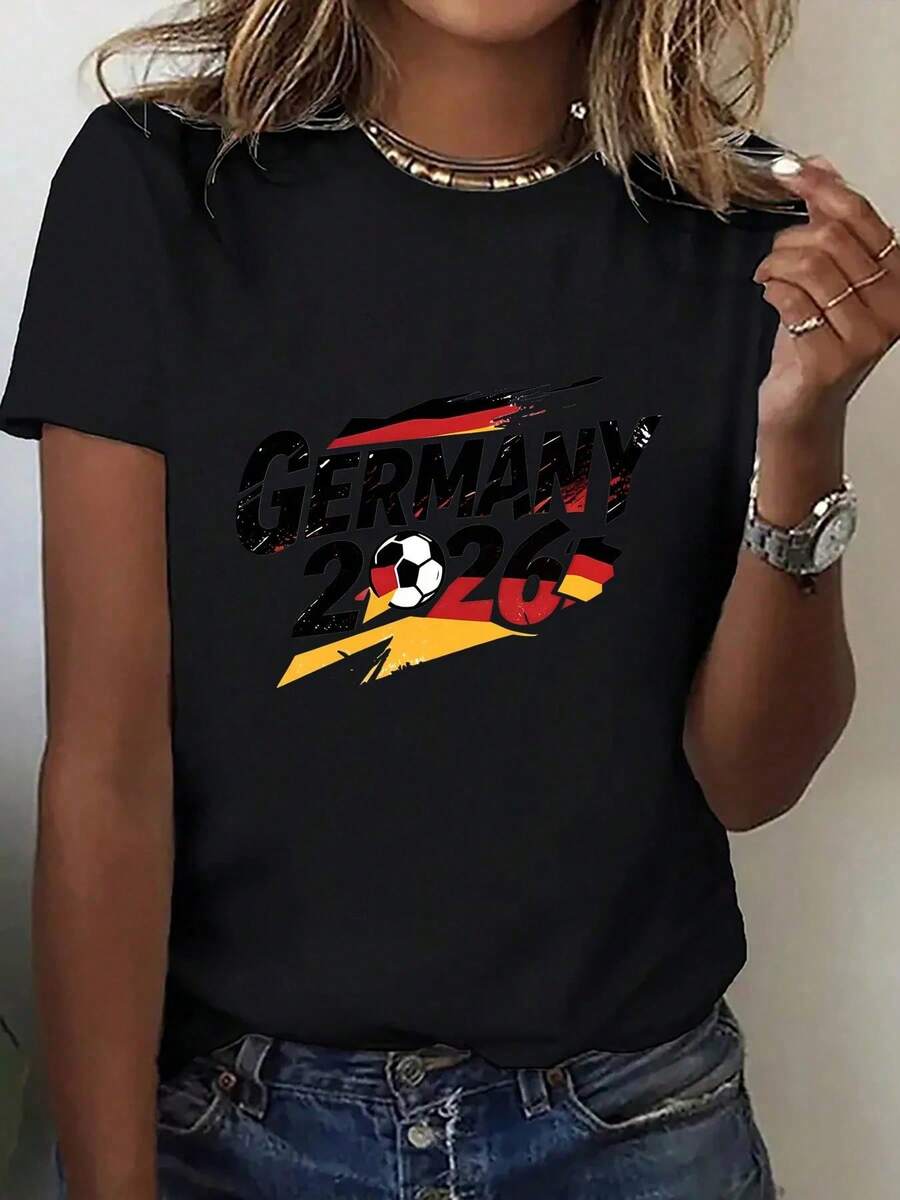 Maglietta da donna monopezzo con collo tondo e stampa, serie di abbigliamento USA-Messico-Canada, semplice e maglietta da donna con collo tondo e stampa della squadra della Germania - nero - Visualizzare 1