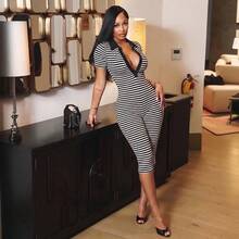 Red Striped Lapel Short Sleeve Skinny Jumpsuit For Work Tight-Fitted 7/8 Length Romper, A Hot-Girl Essential Rompers Rompers For Women Summer - Black - View 7