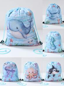 6入海洋動物主題抽繩袋，束口小袋，禮品包裝用品，禮品包裝袋，生日派對用品，兒童生日禮物，零食收納袋，派對袋，糖果袋，派對袋填充物，嬰兒派對裝飾，派對伴手禮，派對禮物 - 海洋動物 - 查看 3