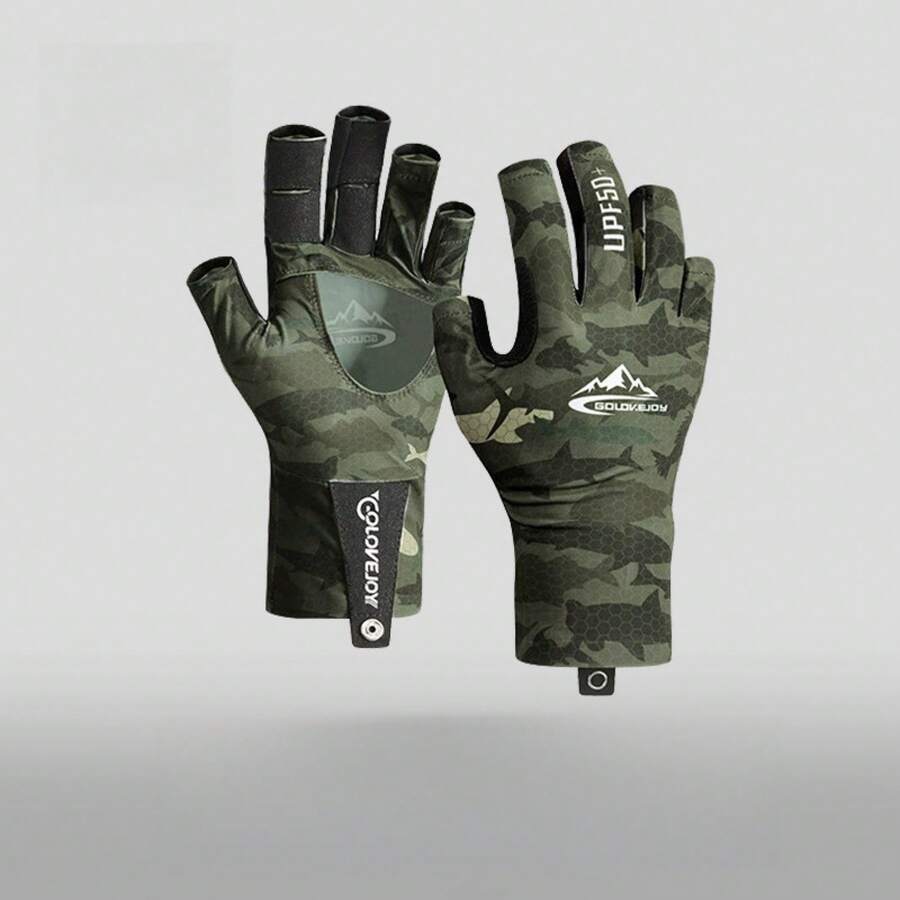 Men's Hollow Breathable Ice Silk Fishing Gloves, Anti-Slip Wear-Resistant Sun Protection Outdoor Gloves, Ice Silk Glove, Fishing Glove - Brown Camouflage - View 1