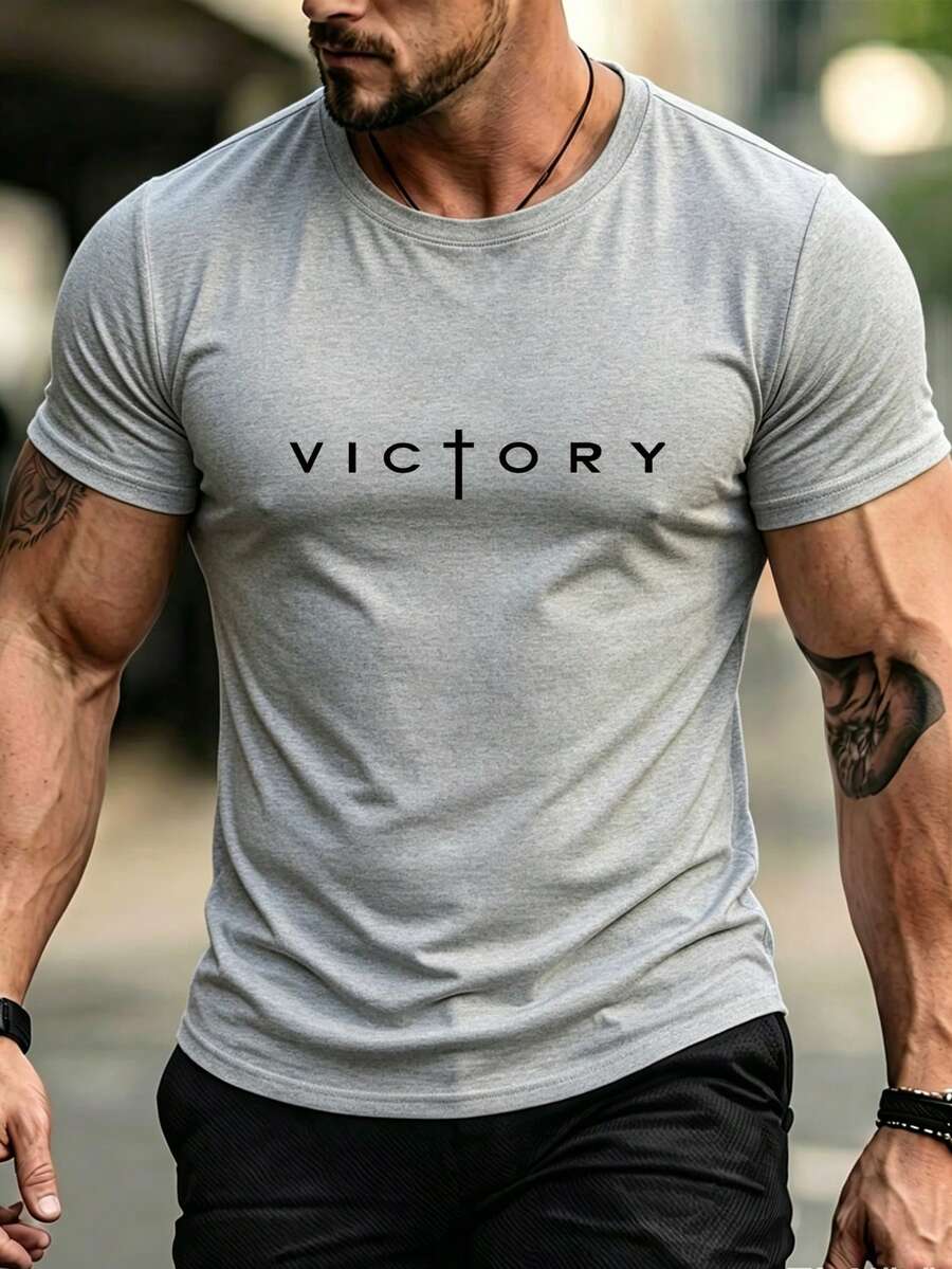 Men's Summer Letter Print Crew Neck Dropped Shoulder Loose Casual T-Shirt - Grey - View 1