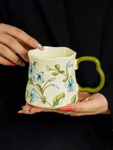 1 pieza Taza de cerámica hecha a mano con brote azul, estilo pastoral fresco, gran capacidad, taza de café de cerámica asimétrica hecha a mano, adecuada para taza de agua de oficina, café, varios tés, uso comercial - Multicolor - Ver 8