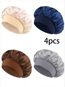 CONFLASS 4pcs/Set Women's Solid Color Wide Band Elastic Silky Satin Sleep Cap, Casual Comfortable Fashion Hair Care Sleep Cap - Multicolor - View 7