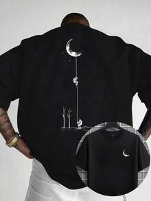 [Double Front And Back Design] Round Neck T-Shirt With Moon And Tree Design On The Front And Back,  Short Sleeves For Summer, Casual Style Top - 黑色 - 查看 8