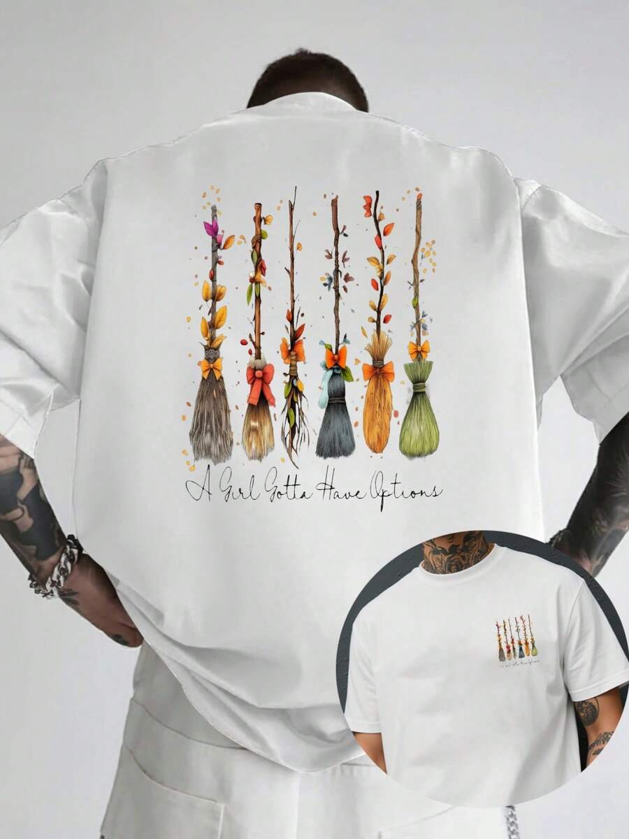 Camiseta casual deportiva de manga corta para hombre con estampado de escoba de Halloween, diseño de cuello redondo con temática otoñal, estilo nuevo y holgado, top reversible por delante y - Blanco - Ver 1