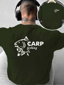 Camiseta de moda masculina con estampado creativo de doble cara con diseño de pesca de carpas, estilo casual para actividades al aire libre, para el ocio diario en casa o para activi - Negro - Ver 9
