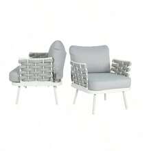 A White Set With A Floral Print And Gray, Including Two Steel Chairs. - Blanco Roto + Gris + Metal + Cuerda + Tejido Impermeable + Espuma1 - View 3