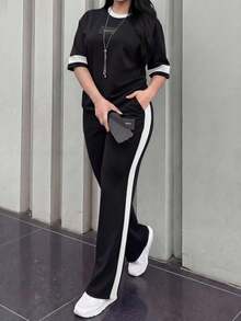 2 piezas Conjunto de camiseta de manga corta de cuello redondo y pantalones sueltos de cintura elástica para mujer, para uso diario casual y elegante en primavera/otoño - Blanco y Negro - Ver 1