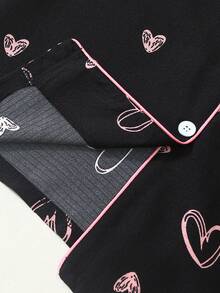 Heart Print Plus Size Women Bubble Crinkle Short Sleeve Shorts Pajama Set - Black - View 8