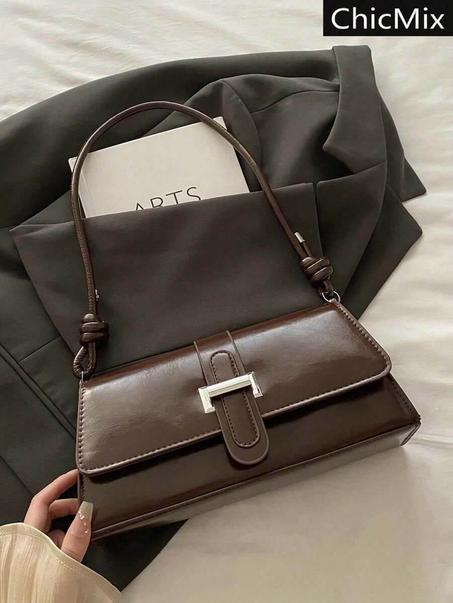 White Baguette Shoulder Bag With Wavy Flap, Women's Faux Leather Casual Handbag, Elegant Bag For Everyday Outings And Special Occasions, Summer Fashion - 巧克力棕 - 查看 1