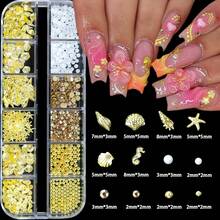 12Grids Summer Metal Nail Art Charms Gold Starfish Conch Tropical Ocean Nail Rhinestones Gold Flatback Nails Gems Diamonds Cute Ocean Theme Designs Nails Jewelry Women Acrylic Nail Supplies - Metallic - 查看 10