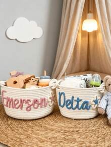 Personalized Storage Basket Customized Name Handmade Rope Woven Basket Baby Room Toy Organizer Foldable Large Capacity Pink Nursery Room Decor - Multicolor - View 3