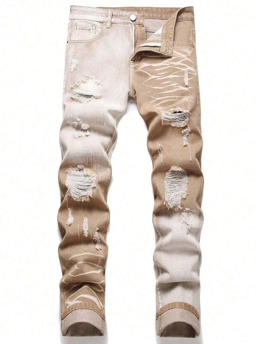 Jeans de mezclilla con bloques de color desgastados de moda para hombres - Caqui - Ver 1
