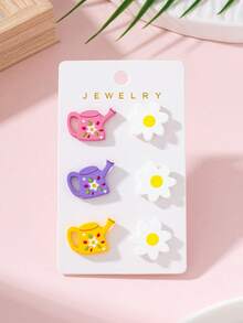 3 Pairs/Set Daily Vacation Water Bottle Flower Enamel Faux Soft Clay Texture Design Women's Fashion Jewelry Earrings, Perfect Gift For Holiday Gatherings - Multicolor - View 5