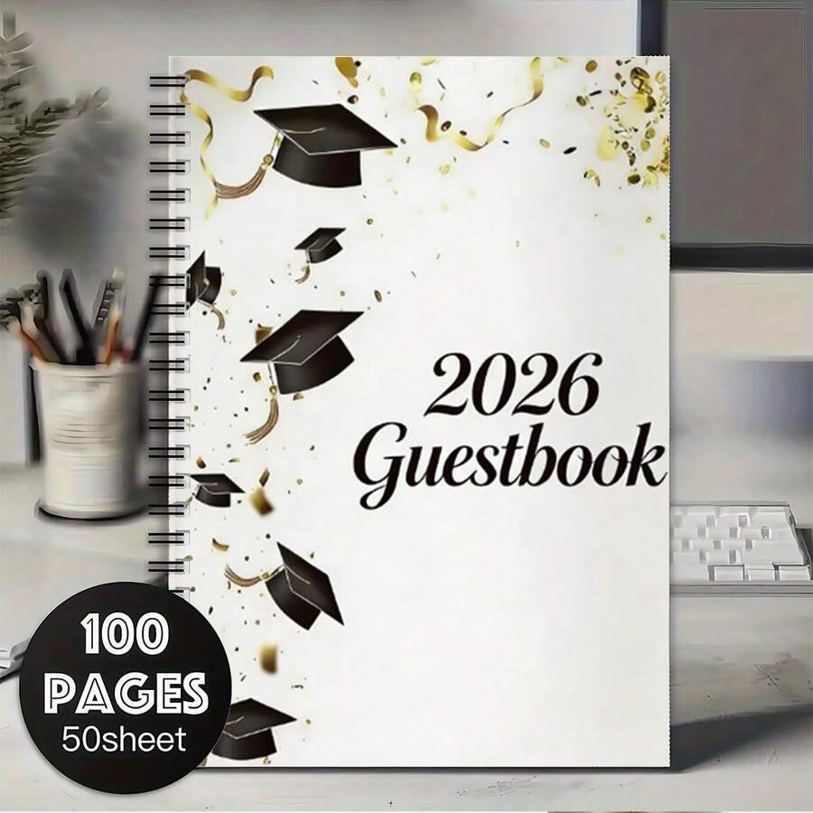 1本畢業季主題筆記本－2026畢業紀念相簿，畢業與成年禮賓客簽名簿，附簽名與祝福留言功能，黑色學士帽與金色紙屑圖案裝飾 - C - 查看 1