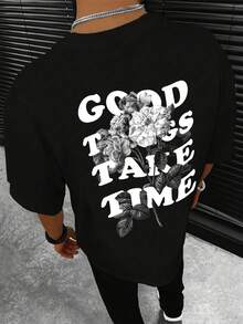 Camiseta de manga corta para hombre, con estampado floral y de letras, para primavera, verano y otoño, cómoda y casual, adecuada para salidas informales y vacaciones,% poliéster, l - Negro - Ver 1