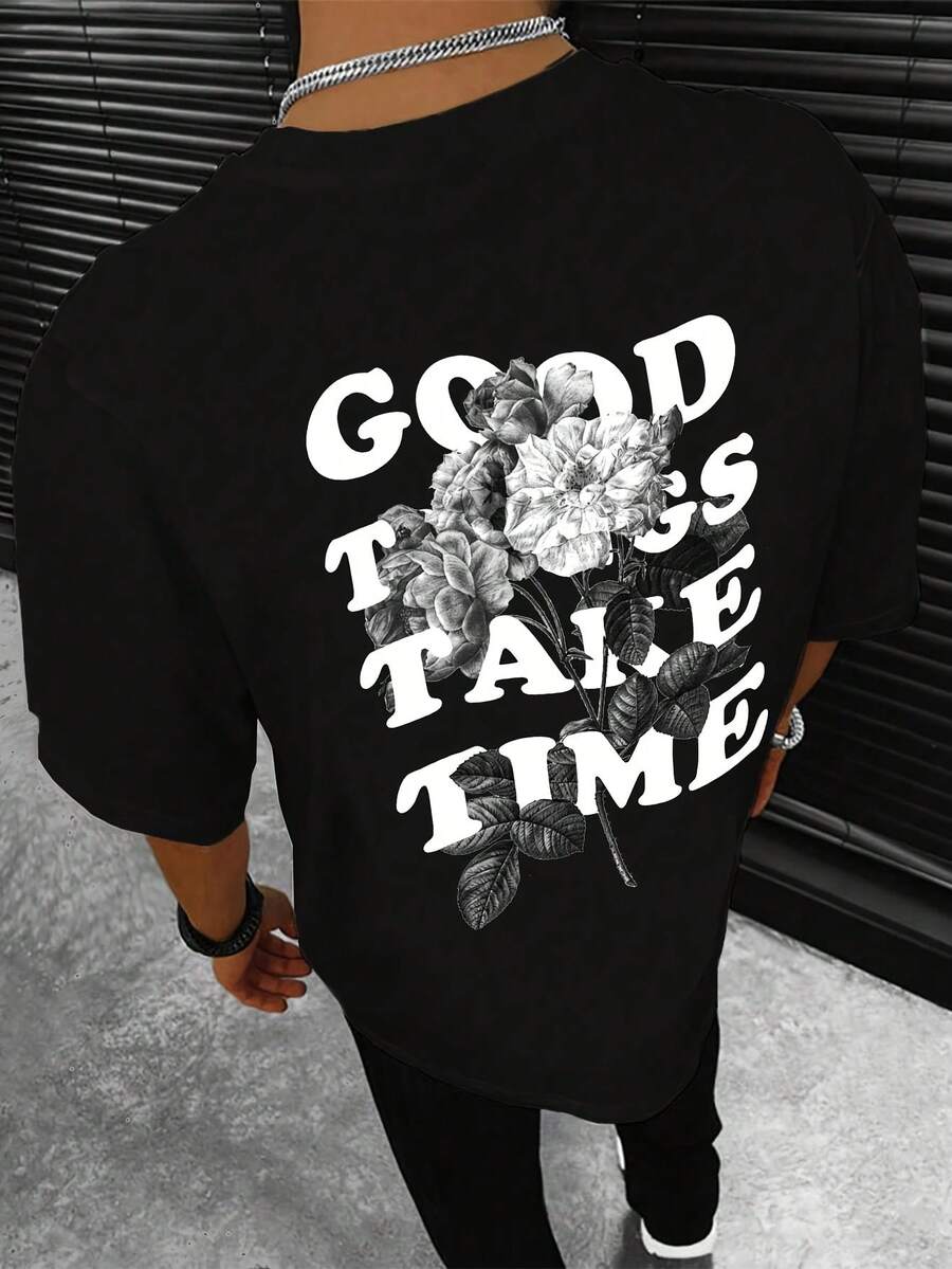 Camiseta de manga corta para hombre, con estampado floral y de letras, para primavera, verano y otoño, cómoda y casual, adecuada para salidas informales y vacaciones,% poliéster, l - Negro - Ver 1