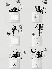 1 Set (6 Stücke) Schwarze Silhouette Feen Schalter Wandaufkleber, PVC selbstklebend abnehmbare Aufkleber mit Schmetterling, Stern, Mondsichel Magie Elementen, Prinzessin Schlafzimmer Steckdosenblende, INS verträumter Märchenstil Mietwohnung Renovierung DIY Wanddekoration - Wandaufkleber - Übersicht 3