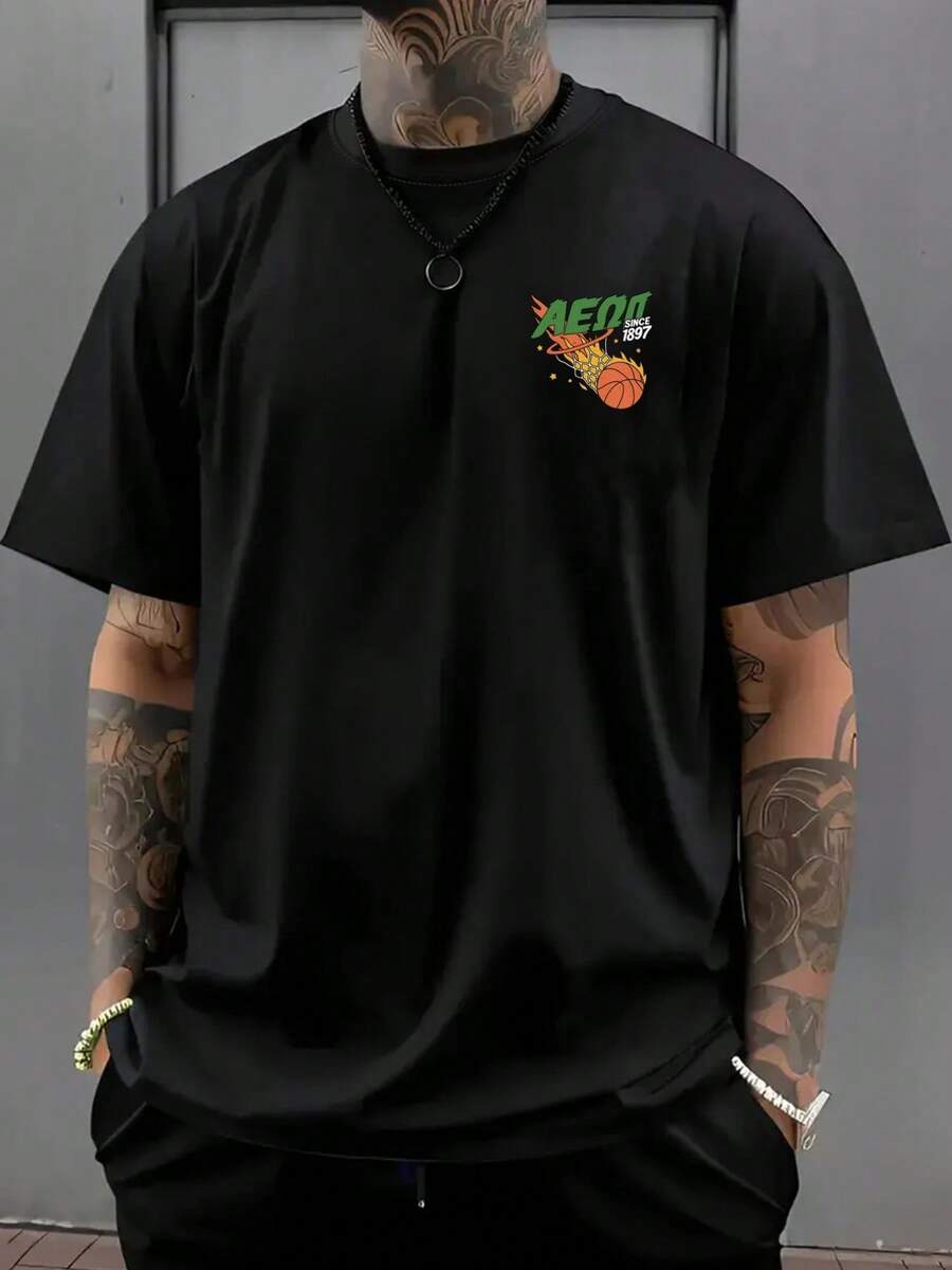 Camiseta de hombre con hombros cortos, estilo baloncesto, estampada por ambos lados, corte holgado, disponible en tallas grandes. - Negro - Ver 1