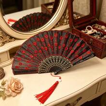 Sequined Embroidered Folding Hand Fan With Tassel, Spanish Style Dance Fan For Party Wedding Cosplay Decor - Black-shafted Sequined Folding Fan - View 9