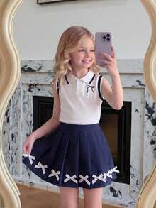 Conjunto de moda casual y lindo para niñas pequeñas, camisa de cuello acanalado + bordado de lazo, falda plisada de unicolor con lazo - Blanco - Ver 2