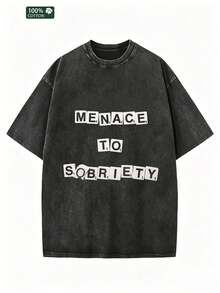 Camiseta Oversize con Lavado Ácido 'Menace to Sobriety' para Hombre, 100% Vintage, Estilo Casual Urbano, Transpirable, Suave, de Moda, Regalo de Verano NVGM - Negro - Ver 1