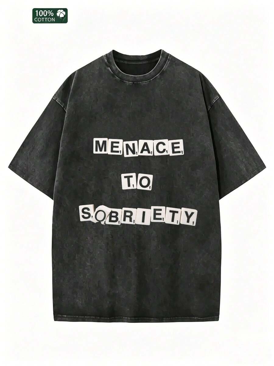 Camiseta Oversize con Lavado Ácido 'Menace to Sobriety' para Hombre, 100% Vintage, Estilo Casual Urbano, Transpirable, Suave, de Moda, Regalo de Verano NVGM - Negro - Ver 1
