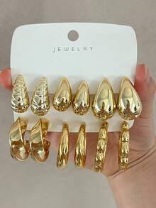 6 Pairs Earrings Set Gold Elegant Simple Vintage Metal Texture Hoop Earrings Round C-Shape Geometric Earrings Suitable For Women Daily Wear Or Gift - Golden Heart Set - View 3