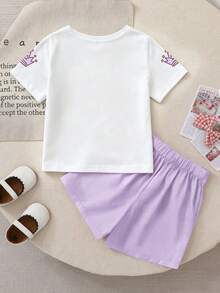 2pcs/Set Girls Round Neck Short Sleeve T-Shirt And Skort Set, Printed With English Words, "67" Number And Crown Pattern, Skort With Bow Design - White - View 2