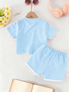 Tween Girl Print Pattern (Pretty Girl, Letter And Heart Pattern) Round Neck T-Shirt + Shorts Summer New Style Daily Comfortable Girls Set - Baby Blue - View 3