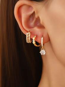 6pcs Elegant Fashion Directional & Round Geometric Cubic Zirconia Inlaid Round Zirconia Pendant Earring Set, Fashion Jewelry, Women's Gift - Gold - View 3