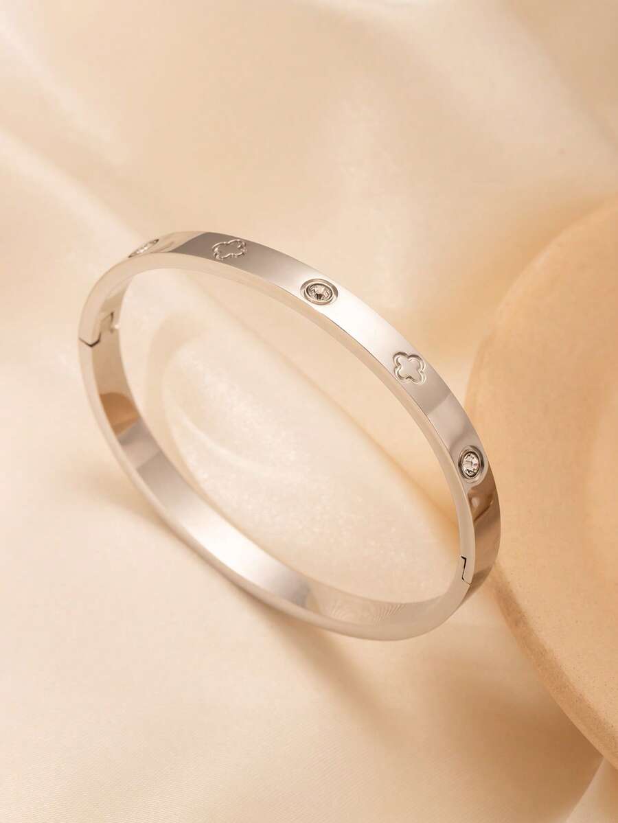 Classic Open Fashion Stainless Steel Non-Fading Bangle Bracelet For Men, Four-Leaf Clover Zirconia Bracelet, Valentine's Day Gift For Boyfriend - Silver - View 1