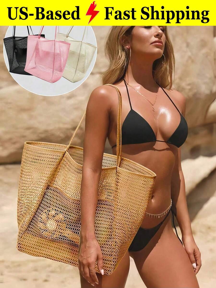 Breathable Mesh Beach Tote Bag For Women Large Hollow Open Weave Swim Pool Shoulder Handbag Lightweight Travel Grocery Market Purse Pink/Brown/Black - 彩色 - 查看 1