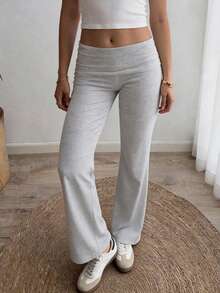 Y2K Style Solid Color Straight Knit Pants, Sequin Pattern On Back, Casual Homewear & Streetwear - Ash - View 2