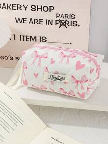 Tas Kosmetik Quilted Motif Pita dan Hati Warna Pink, Tersedia 3 Ukuran, Tas Kosmetik Genggam Portabel, Organizer Perlengkapan Mandi Perjalanan Kapasitas Besar - MultiWarna - View 9