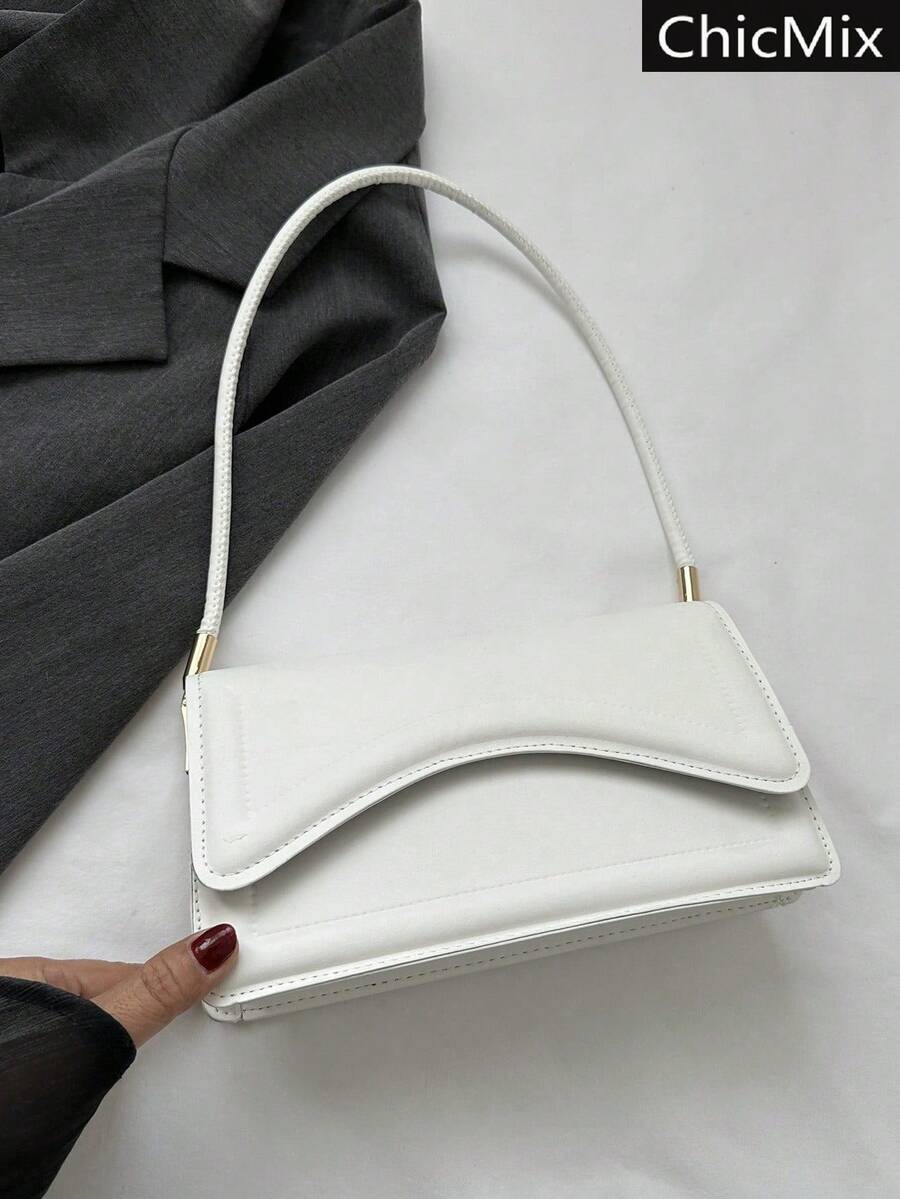 White Baguette Shoulder Bag With Wavy Flap, Women's Faux Leather Casual Handbag, Elegant Bag For Everyday Outings And Special Occasions, Summer Fashion - 玫瑰金 - 查看 1