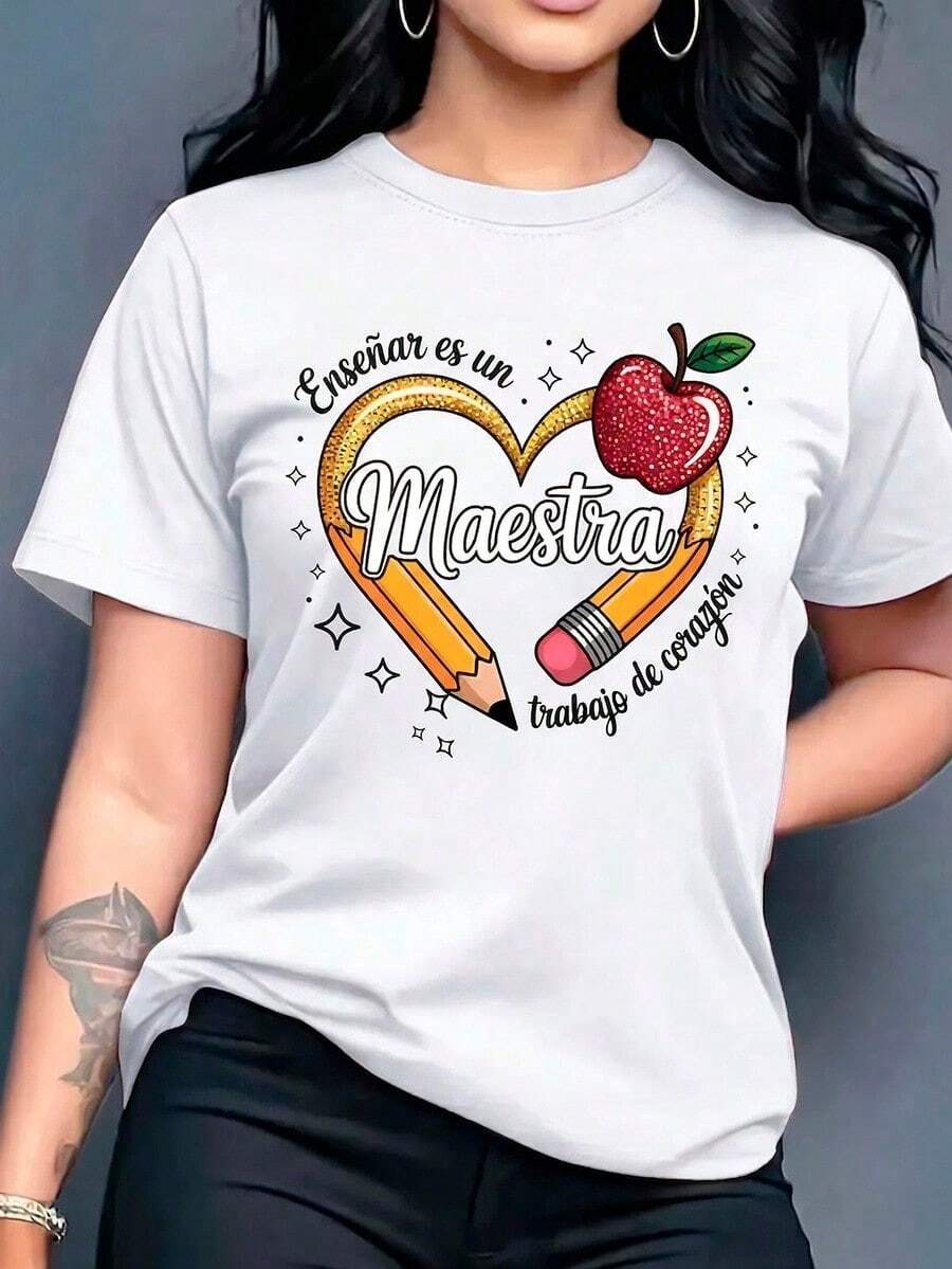 Women's T-Shirts. Printed T-Shirt With The Word "Teacher" In The Center And Around It A Heart-Shaped Pencil, An Apple And A Phrase At The Top And Bottom: "Teaching Is A Job Of..." - 白色 - 查看 1
