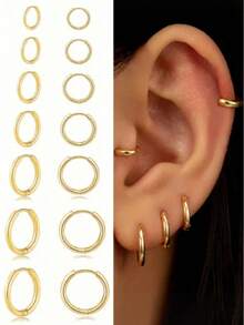 1 Pair Gold Stainless Steel Huggie Hoop Earrings, Hinged Snap Cartilage Spiral Earrings, Minimalist Small Stackable Piercing Jewelry, Unisex Daily Style - Gold - View 1