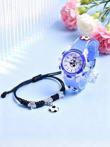 2pcs Boys Gift Set Silicone Strap Soccer Sports Watch Creative Design LED Luminous Student Quartz Wristwatch Adjustable Braided Rope Soccer Bracelet - Blue - View 5