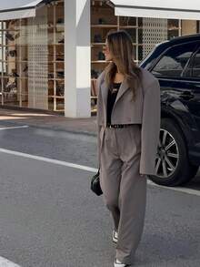 Women's Short Blazer & Wide Leg Pants 2 Pieces Set, Loose Fit Hidden Button Notch Lapel Office Casual Outfit - Grey - View 3