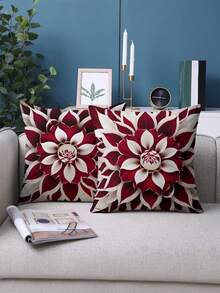 Juego de 1/2/4 fundas de almohada con estampado plano 2D para primavera/verano, con patrones florales en contraste de color burdeos y tonos. Sin bordado real, con impresión de un solo lado, sin rellenos de almohada incluidos. Adecuado para sofá y sala de estar - Rojo y blanco - Ver 7