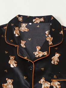 Set Piyama Celana Pendek Lengan Pendek Wanita Ukuran Plus Motif Beruang Hati - Hitam - View 2