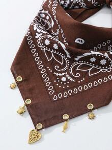 1pc Summer Women's Fashion Paisley Print Pattern Headscarf Square Scarf, With Sun Tropical Fish Sea Turtle Heart Pendant Decoration, Suitable For Beach Seaside Daily Versatile - Brown - View 2