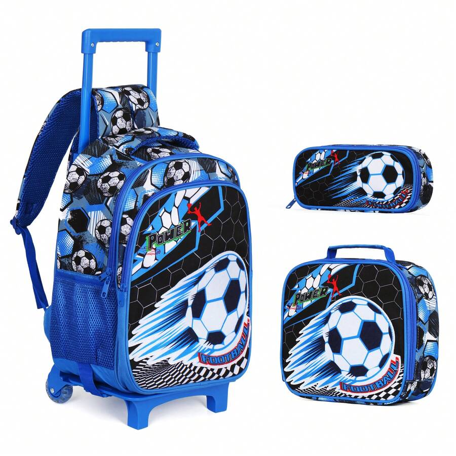 3pcs Roller Backpack Set, Soccer Print Backpack, Tote Bag, Outdoor Bag, Wallet, Best Gift For Back To School Season - Football Trolley Bag Set - View 1