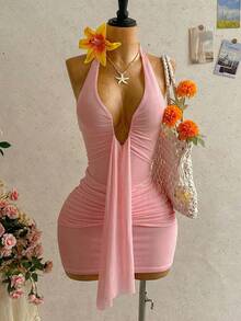 European And American Style Short Summer Dress For 2026: Plain Dress With V-Neck, Open Back And Pleats, For Stylish Girls - 紅色 - 查看 1