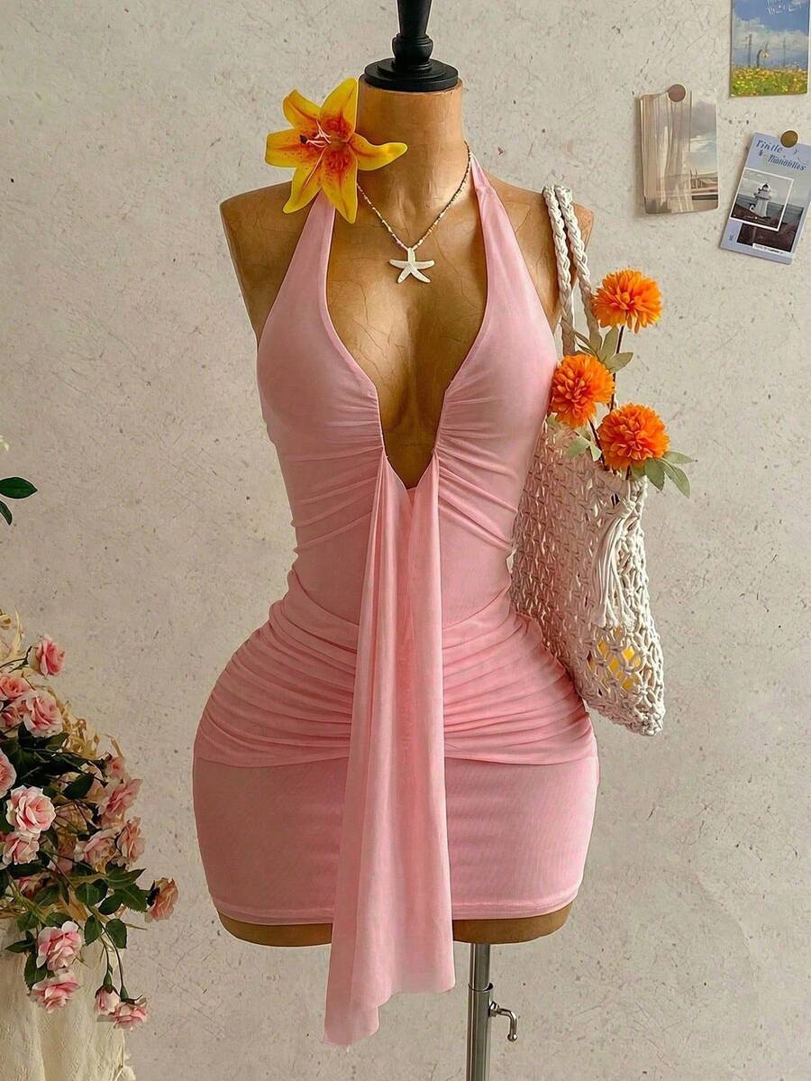 European And American Style Short Summer Dress For 2026: Plain Dress With V-Neck, Open Back And Pleats, For Stylish Girls - 紅色 - 查看 1