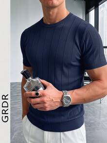 Suéter casual de punto acanalado de cuello redondo de manga corta de unicolor para hombres GRDR - Azul Marino - Ver 5