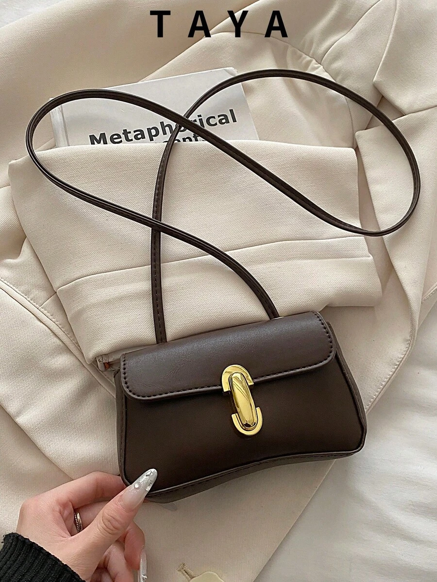 Women's Mini Solid Color PU Crossbody Bag, Vintage Curved Flap Design, Metal Clasp Closure, Adjustable Spaghetti Strap, Fashionable For Daily And Party